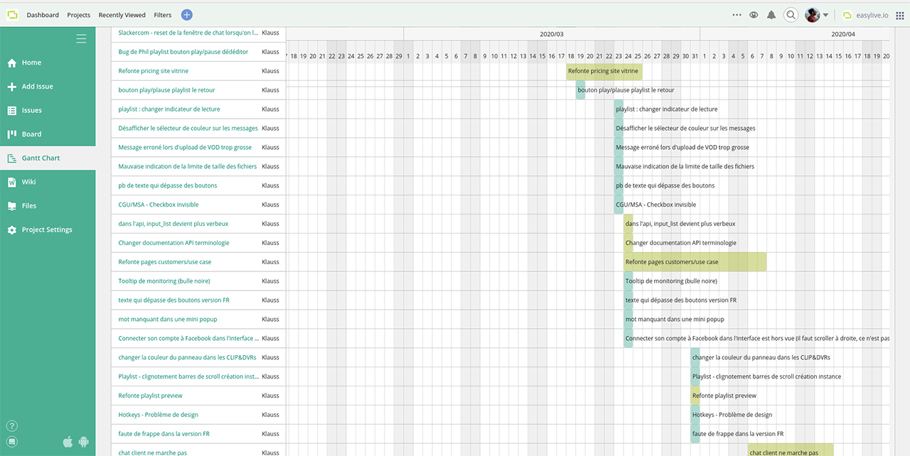 Example of Gantt chart used by one of easylive.io teams